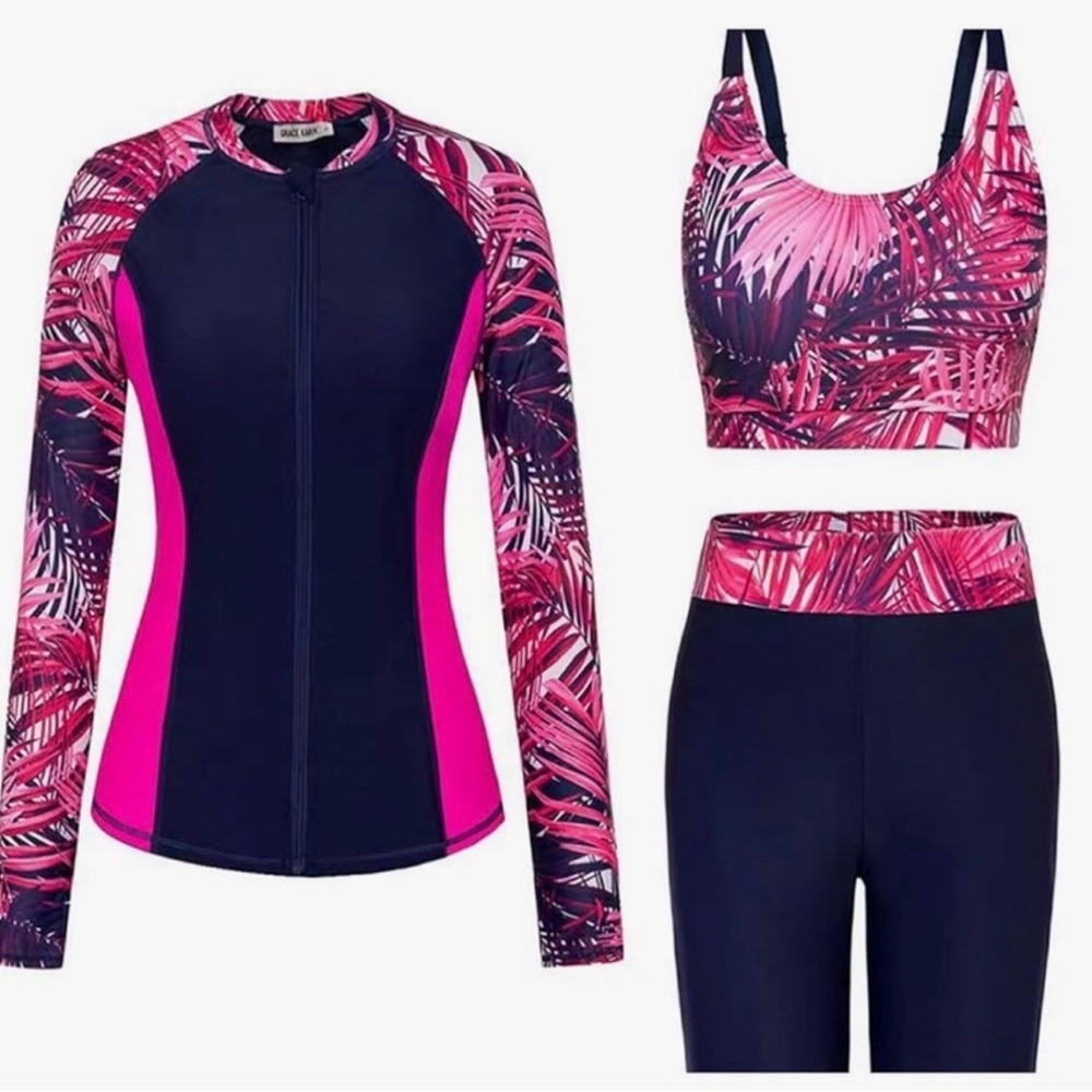 PLUS SIZE 2XL Rash Guard Swimsuit Set 3 Piece UPF50 Long Sleeve Modest Swim